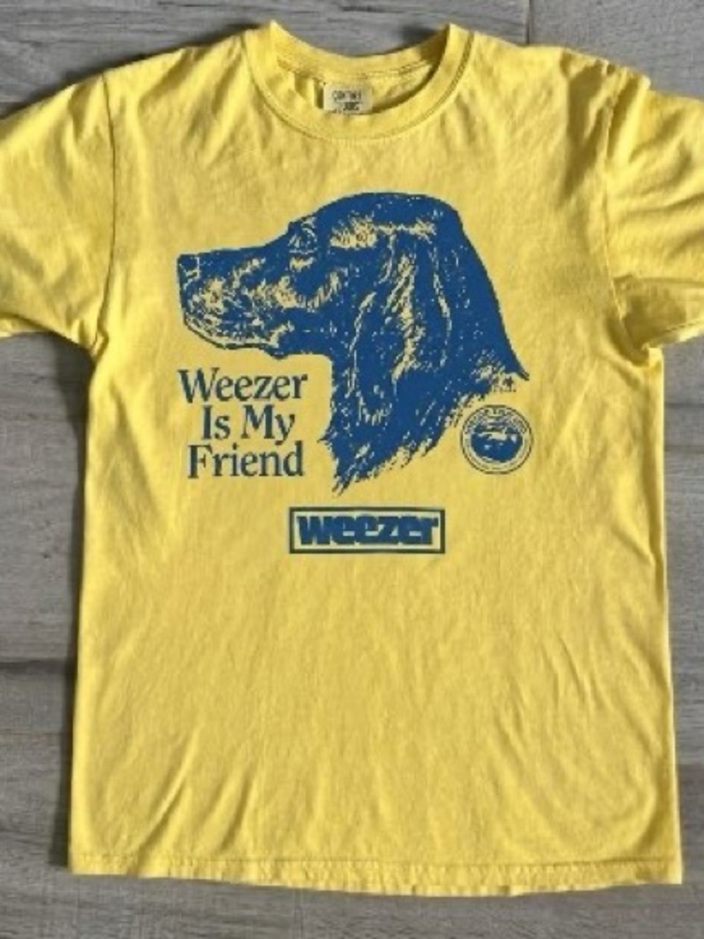 Gildan Yellow Tee with Blue Dog Graphic - Weezer Is My Friend